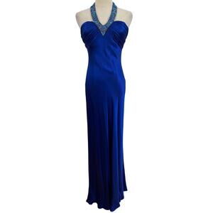 Y2K cache royal blue silk dress turquoise beaded halter gown sz 2 prom boho